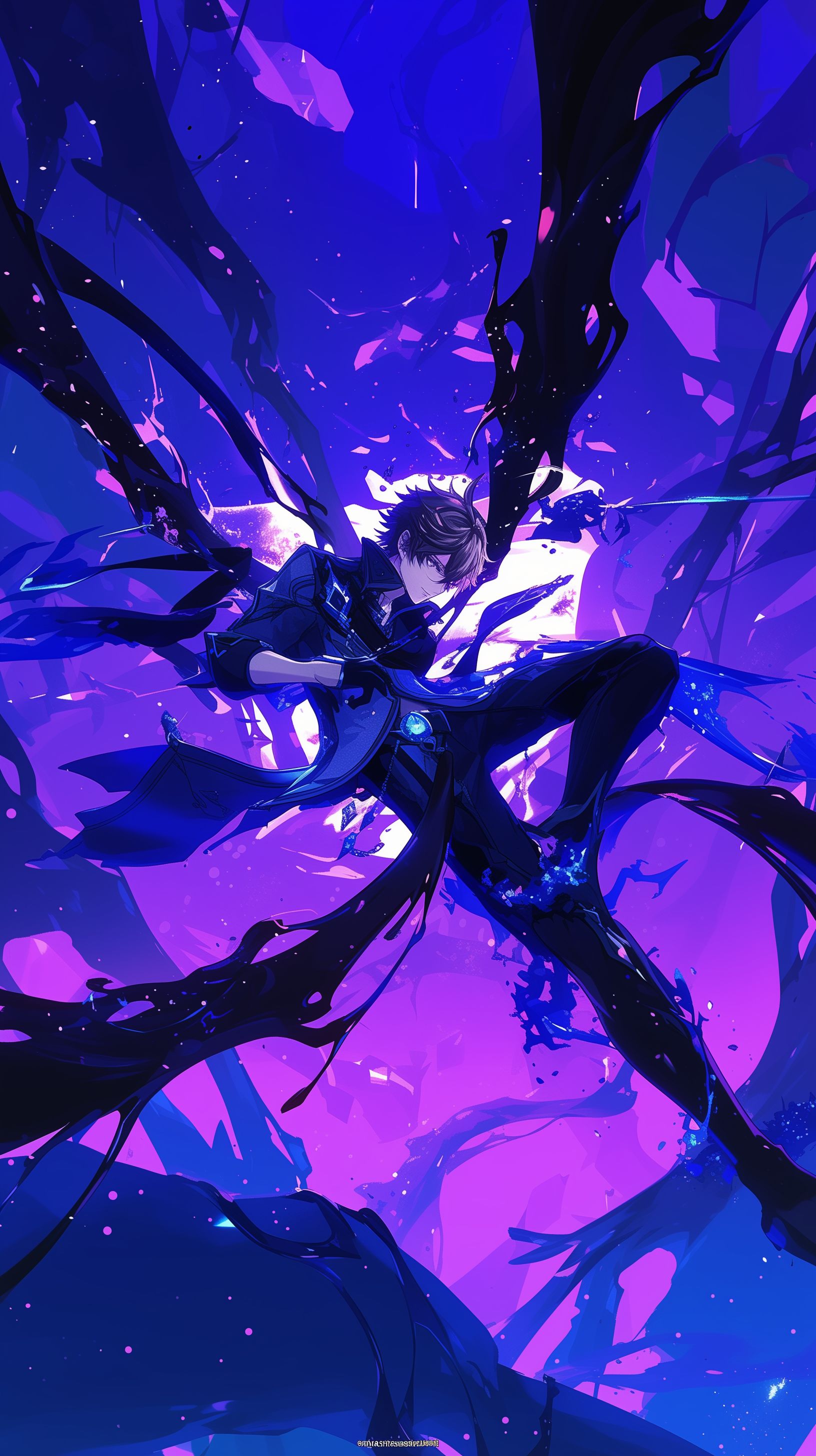 Prompt: Tartaglia lifting his legs up to his chest in a jump, the background is a dark system of twisted glowing purple roots, he is holding his blue water blades high in the air like he is about to attack, dramatic pose, --ar 9:16 --niji 6
