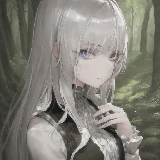 Prompt: light silver haired girl with beautiful eyes
in a forest with silver highlights 