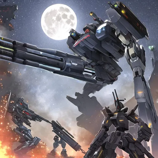 Prompt: large mech wielding a large gun,
gunfire,
sci-fi,
wide shot,
looking from below,
full moon,
night sky