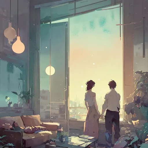 Prompt: Man. and woman in a room, Both looking out a window, sunset, warm lighting, coffee table, aesthetic lighting, stars, watercolor by heikala: 8k resolution concept art: by yoshitaka amano, ismail inceoglu: by graham fink, anime key visual by studio Ghibli: stunning: poster art: album cover art: 
