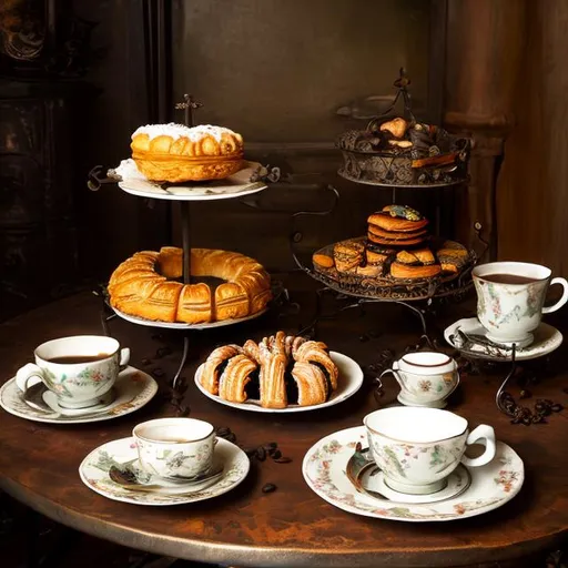 Prompt: iron table with full coffee cups, a lot of french pastry on separate plates, in the style of Brueghel