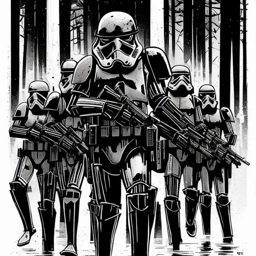 Prompt: Make a sketched phonk style art of a  Star Wars death trooper  marching with other troopers in a base on Endor use the web for reference minus the phonk part but then make it into a phonk sketched style.