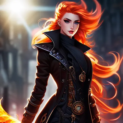 Prompt: Splash art, genasi, trench coat, ginger, flame hair,  steampunk, victorian, sci-fi, very detailed character, backlight, backlit