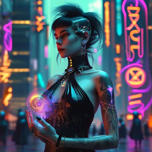 Prompt: A surrealist depiction of a modern witch in the year 2050, standing in a bustling futuristic cityscape, wearing an elegant, technologically enhanced black gown adorned with neon accents and glowing sigils, holding a levitating crystal orb surrounded by holographic magical symbols, her face illuminated by the neon lights of towering skyscrapers, her hair styled in a mix of cyberpunk braids and loose waves, intricate tattoos resembling digital circuits glowing faintly on her exposed arms, a sleek metallic staff with energy pulses in her hand, dramatic lighting and vibrant colors, ultra-high-definition, 8K detail.