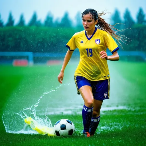 Prompt: photo of young woman, soaking wet clothes, soccer player, soaked on the rain in the field, dribbling, with ball,  , ,   enjoying, water dripping from clothes, clothes stuck to body,  detailed textures of the wet fabric, wet face, wet plastered hair,  wet, drenched, professional, high-quality details, full body view.