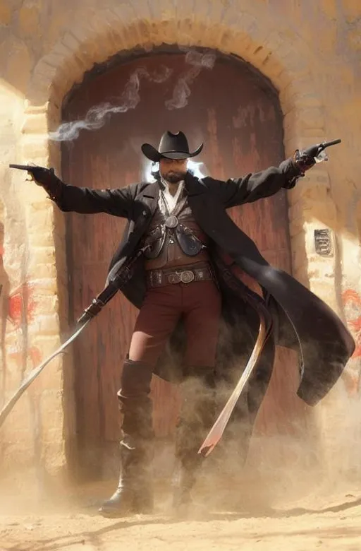 Prompt: Cyber Cowboy with 4 Arms, fiery red Poncho, Dressed in black duster and Stetson Cowboy Hat, with Red eyes, Haunting Presence, Intricately Detailed, Hyperdetailed, Desert Wild West Landscape, Dusty Midnight Lighting, Wild West Feel