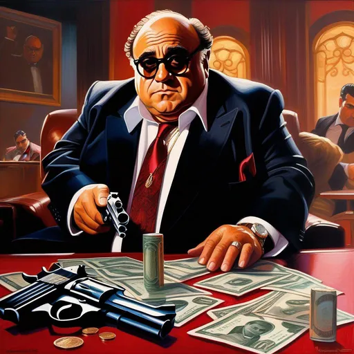 Prompt: Danny Devito as a mafia boss, guns, magnum dong, cold atmosphere, cartoony style, extremely detailed painting by Greg Rutkowski and by Henry Justice Ford and by Steve Henderson