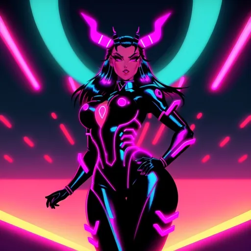 Prompt: a beautiful female demon in a dynamic pose in a retro futuristic synthwave cyberpunk neon paradise.  neon lighting, high quality, beautiful, synthwave, cyber, retro, futuristic