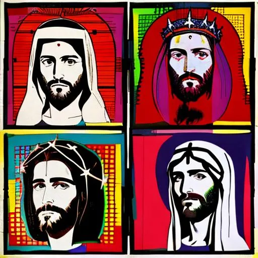 Prompt: 4 identical images of Jesus Christ wearing crown of thorns, images arranged in 4 square panels, inspired by Shroud of Turin, inspired by Andy Warhol pop art modern art portraits, 8-bit color