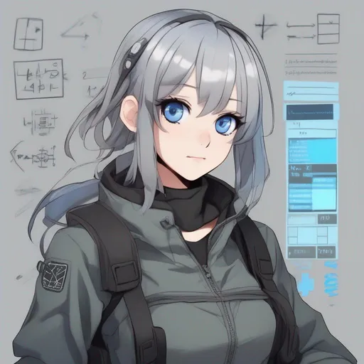 Prompt: A  girl soldier mathematician that in a anime like style and has a big blue eyes with long lashes pointy nose and cute lips and has gray hair that has black highlight at the and a cool clothes and her background is math signs (stable diffusion xl 1.0)