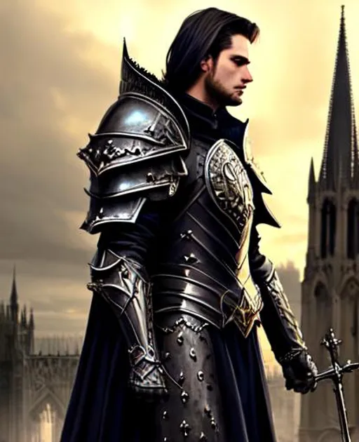 Prompt: Gothic Art Style, Cathedral Background, Armor, Man, hero, realistic, Character Concept, 