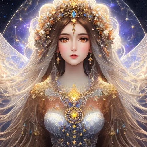 Prompt: {{{{highest quality concept art masterpiece}}}} digital drawing oil painting with {{visible fractal textured brush strokes}}, white prism, cosmic, etherial, goddess of light ,closeup, full body mature woman, long brown balayage cosmic fractal hair, wearing a long dark brown newton julia clusters fractal dress.