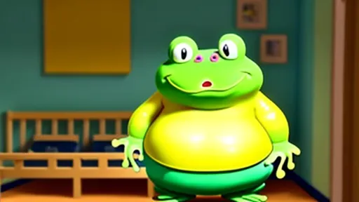 Prompt: fat and sad frog wearing yellow t-shirt holding a sandwich, standing in a bed room.
