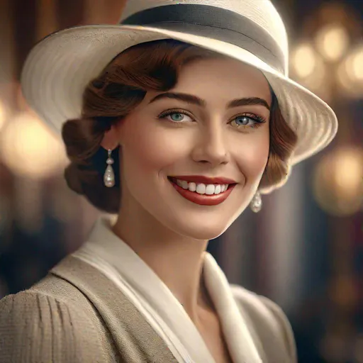 Prompt: An ultra realistic waist up portrait of good looking woman in the 1920s, long shot super detailed lifelike illustration, pearly white teeth, 

soft focus, clean art, professional, old style photo, CGI winning award, UHD, HDR, 8K, RPG, UHD render, HDR render, 3D render cinema 4D