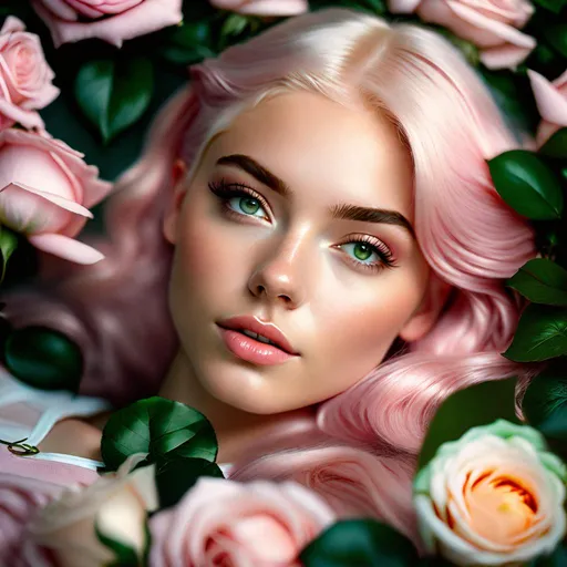 Prompt: Craft a high-resolution, professionally photographed close-up portrait of an 18-year-old woman, adorned with pale pink hair and clear eyes, lying on a bed of roses and green leaves. The photograph must exude an atmosphere of tranquility and serenity, capturing each detail with meticulous precision.

The subject, with her pale pink hair softly spread around her, should lie amongst the roses. The flowers' vibrant colors should contrast with her hair, creating an enchanting, romantic tableau. Her clear eyes, full of warmth and innocence, should gaze into the camera, engaging directly with the viewer.

She is dressed in a light white summer dress that reveals her bare shoulders, adding to her youthful charm. The white fabric should stand out against the bed of roses, emphasizing her serene presence.

One of her arms is adorned with intricate white-ink mandala tattoos, a unique detail that should be captured with high precision. The tattoos, abstract and ethereal against her skin, should intertwine with the roses' stems and leaves, merging nature's beauty with human artistry.

The image should be shot in such a way that it highlights her youthful beauty and the tranquil, dream-like setting. It should resonate with the feeling of a peaceful summer's day, a moment of quiet amidst the vibrant life of the rose garden. The photograph should be professionally composed and detailed, capturing the subtle interplay of colors, light, and shadow in this serene portrait.