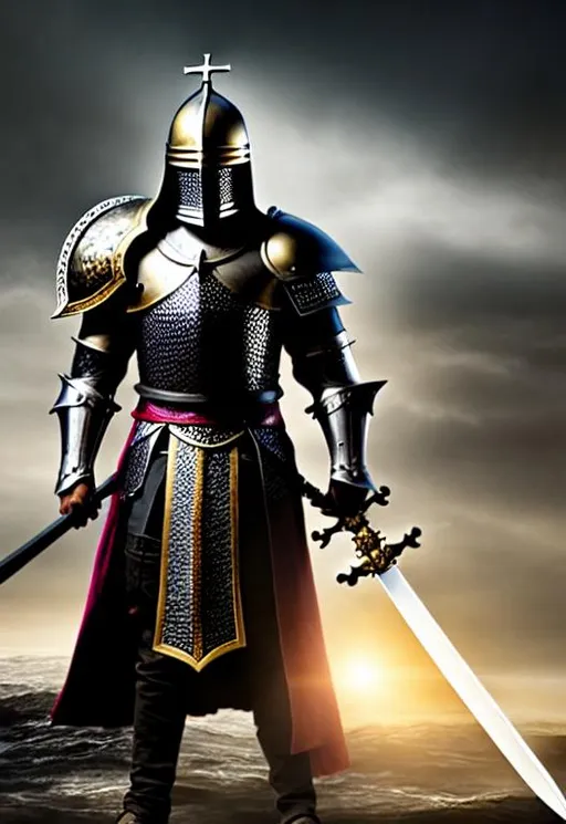 Prompt: HDR, UHD, 8k, High Detail, full body pose, male knight with a Helmet, the knight has long dark hair is standing in black mail darker than anything known to man, the knight is standing in a stream of blood holding a Crusader's sword with a golden cross gaurd and obsidian black blade, the stream is flowing through the middle of a large kingdom, the kingdom is on fire, beyond the kingdom is a mountain shrouded with smoke, above the mountain a blood red moon hangs over the landscape, Medevil environment,