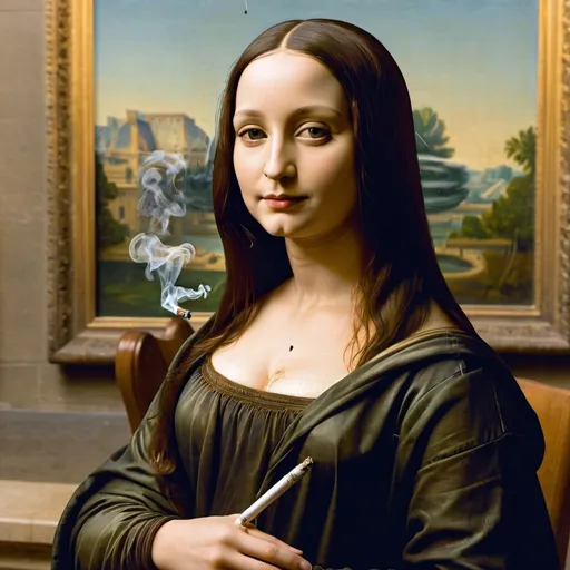 Prompt: Monalisa smoking weed at the louvre while watching the monalisa 