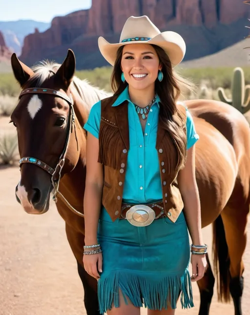 Prompt: Tall curvaceous Native-American woman, age 25, long brown hair with white highlights, grey eyes, beautiful diamond face, happy smile, turquoise jewelry, wearing a ((fringed suede vest, chambray short-sleeve shirt, brown suede pencil skirt with fringe, brown suede boots, brown cowboy hat with silver and turquoise band)), standing in front of a palomino horse, desert cactus background, high-res, professional photograph, daylight, western scene, high detail, realistic textures, elegant beauty, Native-American woman, suede clothing, fringed attire, modern southwestern fashion