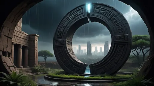 Prompt: magical portal between cities realms worlds kingdoms, circular portal, ring standing on edge, upright ring, freestanding ring, hieroglyphs on ring, complete ring, ancient babylonian architecture, gardens, ruins, turned sideways view, futuristic cyberpunk tech-noir setting, dark night, rain, stormy sky