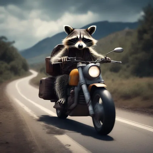 Prompt: A tired humanoid Raccoon riding a big trail motorcycle in a argentinian road. hyper realistic photography