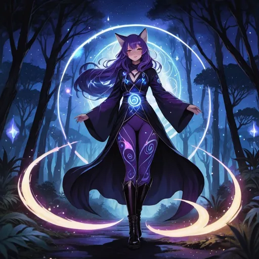 Prompt: anime art adult Foxgirl Purple Fur 
With Glowing Blue fire Spell,
Wearing asymmetrical embellished black Robes, pants, and boots,
backed by purple and blue spell circles,
magic lines swirling around in front and behind,
Striding through a dark jungle under a starry sky
