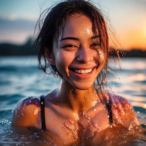 Prompt: An attractive grin woman,  smooth skin,  oppai body, wet,  water, sunset 