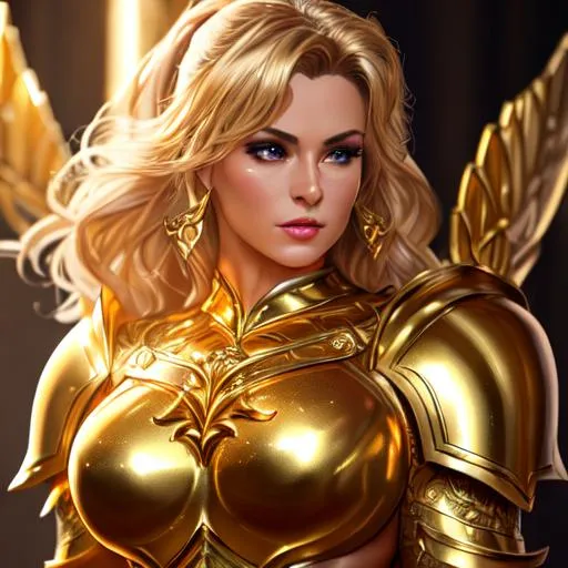 Prompt: Woman, stunning, muscular, strong, fit, paladin wearing a full golden armor, fantasy, UHD, 8k, high quality, ultra quality, perfect composition, trending art, trending on artstation, sharp focus, studio photo, intricate details, cinematic lighting, special effects, hyper realism, hyper realistic, Very detailed, oil painting, full body, portrait