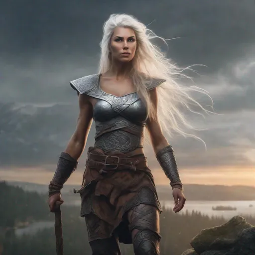 Prompt: Photo realistic. Perfect. Very muscular young woman, beautiful, with long legs and white messy hair. Viking worrier. Standing on hill looking forward at sunrise over misty lake.