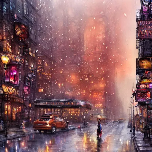 Prompt: Watercolor, steampunk, New York City street,  buildings,  street light, storefront, trees along the street, wet on wet , sunrise, petals rain, watercolor , New York City,  art by Daniel Merriam, Josephine Wall, Jeremy Lipkin,  Alayna Danner, holographic reflection, glossy, shimmering, cinematic smooth, super clear resolution,  intricate, highly detailed, crispy quality, dynamic lighting, hyperdetailed and realistic, fantastic view
