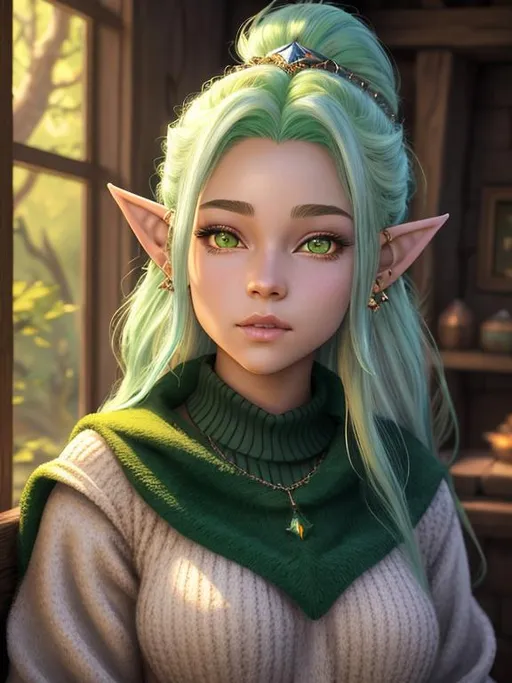 Prompt: oil painting, D&D fantasy, {16 years old}, ({green skinned}) gnome girl, light skinned female (short height), {COLOSALLY BREASTED}, beautiful face, very cute, {CRYSTALLINE HAIR}, pointed ears, looking at the viewer, {wearing WOOLEN SWEATER}, UHD, hd , 8k eyes, detailed face, big blue anime eyes, 8k eyes, {bright blue eyes}, {wide thick feminine lips}, straight nose, high cheekbones, long eyelashes, intricate details, insanely detailed, masterpiece, cinematic lighting, 8k, complementary colors, {CRYSTALLINE HAIR}, octane render, volumetric lighting, unreal 5, artwork, concept art, cover, top model, light on hair, colorful glamourous hyperdetailed medieval city background, ultra-fine details, hyper-focused, deep colors, dramatic lighting, ambient lighting god rays, flowers, garden | by sakimi chan, artgerm, wlop, pixiv, tumblr, instagram, deviantart