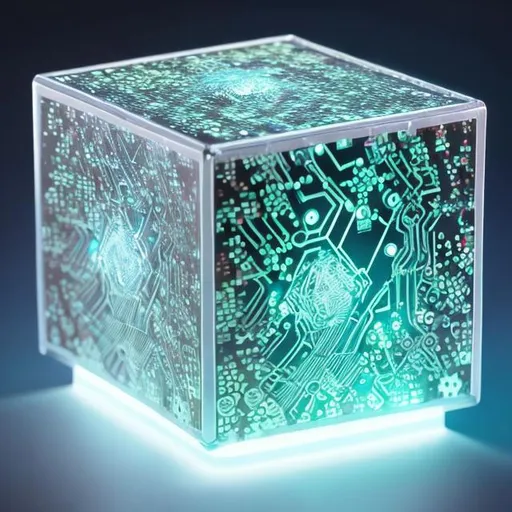 Prompt: "Imagine a small, metallic cube with intricate circuitry etched on its surface. It glows with a pulsating blue light, and its sides are adorned with tiny conductive nodes. The cube is encased in a transparent shell, revealing the mesmerizing dance of electric flux within." now remove the back ground of the object leaving it in a white void.

