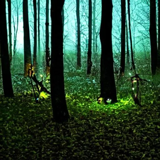 Prompt: creepy eyes glowing in the woods at night