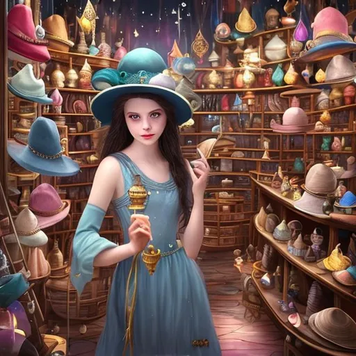 Prompt: my's eyes widened as she explored the shelves of the Magical Hat Shop. There were hats that shimmered like moonlight on water, hats that sparkled like stars in the night sky, and hats that seemed to hum with untold magic. 