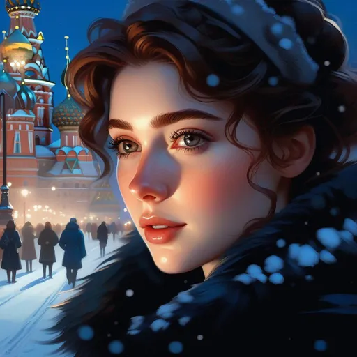 Prompt: Third person, gameplay, Russian girl, pale skin, freckles, curly brown hair, brown eyes, 2020s, smartphone, Moscow, night, snow, blue atmosphere, cartoony style, extremely detailed painting by Greg Rutkowski and by Henry Justice Ford and by Steve Henderson 