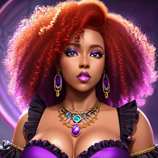 Prompt: Luna, eco-goth redhead curly afro hair, black girl wearing purple dress and purple gem necklace, hoop earrings, from Scooby Doo,  golden accessories, on a stage, close up, soft skin, epic Instagram, artstation,  hyperdetailed intricately detailed , unreal engine, intricate detail, splash screen, complementary colors, concept art, 8k, deviantart masterpiece, oil painting, heavy strokes, splash arts, dim lighting