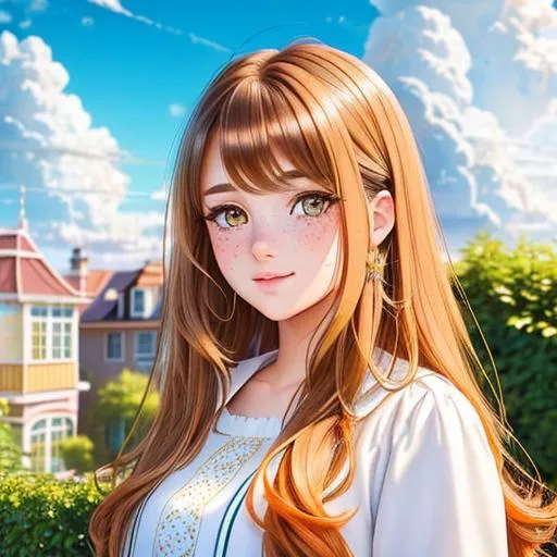 Prompt:  pls create an image of 1 girl, with brown long hair, add freckles on her face, Ultrarealistic hair strings, golden eyes, beautiful eyes, detail, a kawaii face, cute, correct anatomy, cumulonimbus clouds, lighting, detailed sky, garden, pastel mix, orange model mix, stable diffusion, pastel mix, Lora, add face details, eyelashes, oil painting, masterpiece, Dynamic range photo, UHD quality, true color, vivid display, Real Renaissance art, oil painting, HDR, 64K pixels, Super AMOLED display, High Contrast, Lord of the rings, Game of Thrones, golden light, angel, details on face, details on background, ultrarealistic fantasy background, 