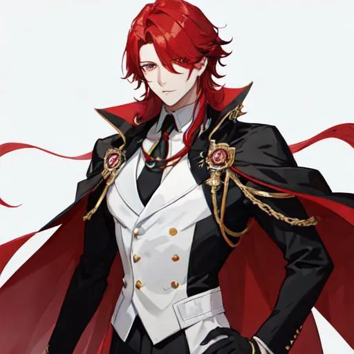 Prompt: Zerif 1male (Red side-swept hair covering his right eye) wearing a black royal suit, white cape, 