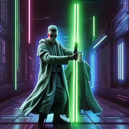 Prompt: You will create art in a cyberpunk style of a Jedi bringing harmony to The Matrix