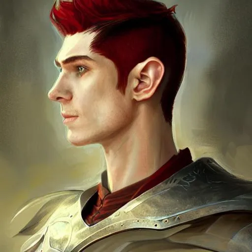 Prompt: head and shoulders portrait of a male half-elf Nightblade with short red hair in military haircut shaved at sides, straight nose, 
wearing armour, fantasy, highly detailed, digital painting, artstation, concept art, character art, art by greg rutkowski and tyler jacobson and neal hopkin and alphonse mucha