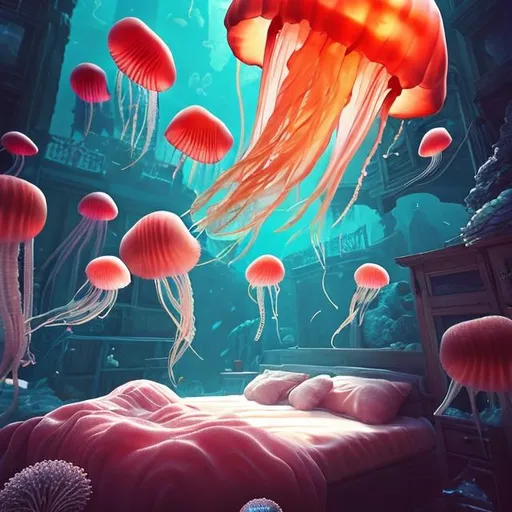 Prompt: Cozy bedroom filled with water and jellyfish, Masterpiece, top quality, best quality, official art, beautiful and aesthetic:1.2), cinematic shot, centered, Instagram able, ultra detailed, intricate, (epic composition, epic proportion), volumetric lighting, cold color, award winning, photography