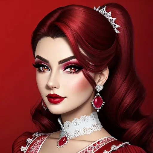 Prompt: Ruby ladylady, all in red, pretty makeup, elegant, nice clothes, facial closeup