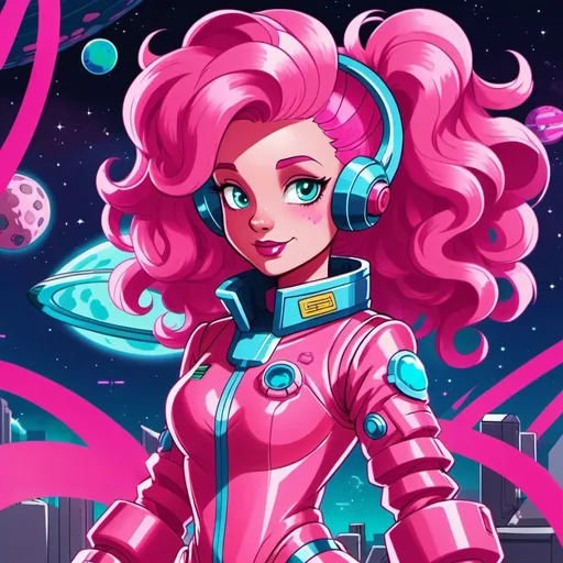 Prompt: cyberpunk equestria girls pinkie pie with pink skin and big pink hair, wearing space suit