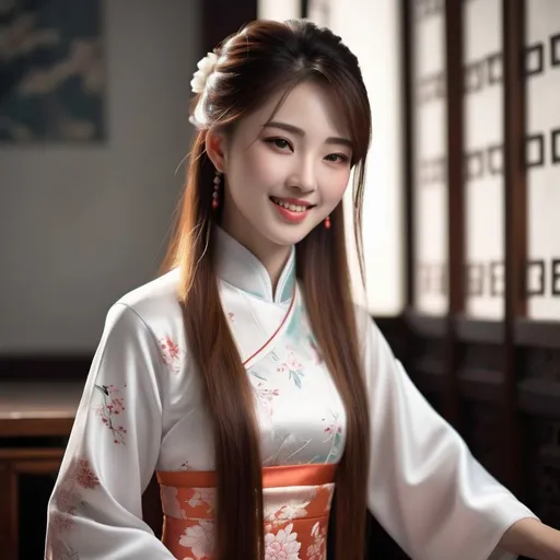 Prompt: Breathtakingly beautiful smiling Chinese girl , delicate features,  long straight auburn hair , elegant white qipao , 8K , ultrarealistic , insane details ,