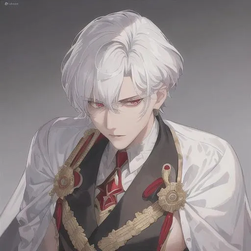 Prompt: "A close-up photo of a handsome prince with short trimmed hair, white hair, red eyes, wearing a kings robe, in hyperrealistic detail, with a slight hint of disgust in his eyes. His face is the center of attention, with a sense of allure and mystery that draws the viewer in, but his eyes are also slightly downcast, as if a sense of disgust is lingering in his thoughts. The detailing of his face is stunning, with every pore, freckle, and line rendered in vivid detail, but the image also captures the subtle emotions of disgust that might lie beneath his surface."