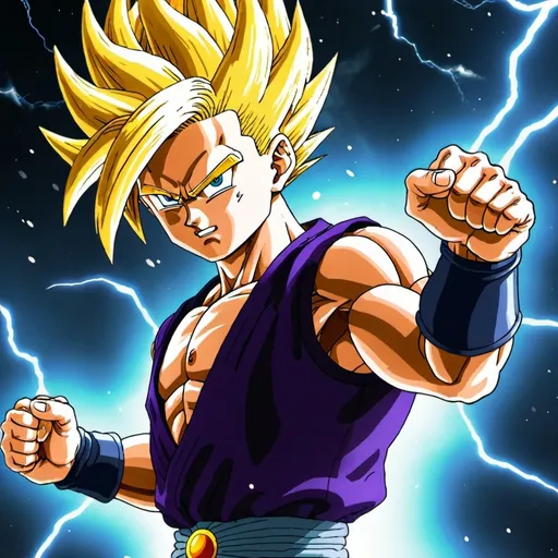 Prompt: trunks from dragon ball z with yellow hair with lightning particles floating around him holding his fist up high