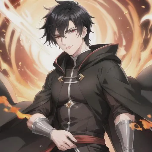 Prompt: anime style, pale skin, handsome man with black hair, wearing a black monk robe with hood, fire, disgrace smile, very detailed body and hands, best quality, detail eyes