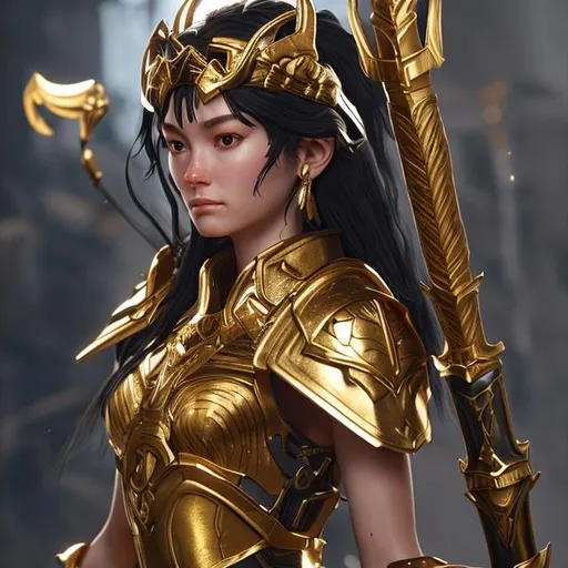 Prompt: Hghly detailed european goddes athena with longest Black hair unreal engine 5 Wearing a golden 
armor and carrying an doomed samurai sword and fighting a war