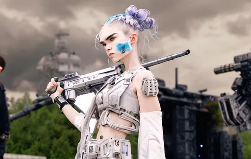 Prompt: A photo of grimes pointing a large gun with a futuristic tank in the background. Futuristic, robotic, 4k, ultra detailed, cyberpunk. 