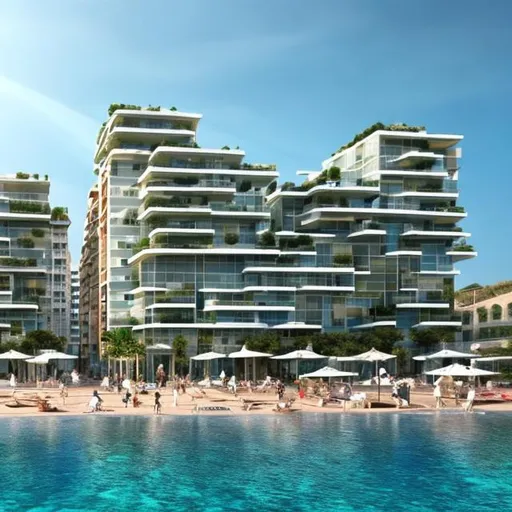 Prompt: A complete body form of a stunningly beautiful, hyper realistic sustainable city at the beach on the Adriatic Sea
