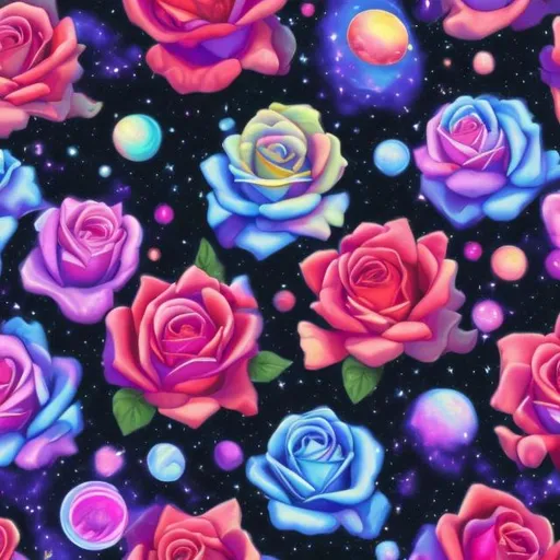 Prompt: Moody roses in outer space in the style of Lisa frank